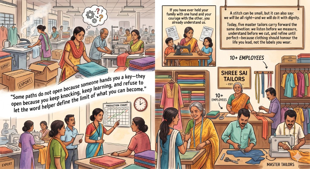 Illustrated story of Shree Sai Tailor: from export garment floor and family life, through training with a production chart, to today’s shop in Porur with master tailors, fabric shelves, and the values quoted in the artwork—dignity in craft and listening before measuring.
