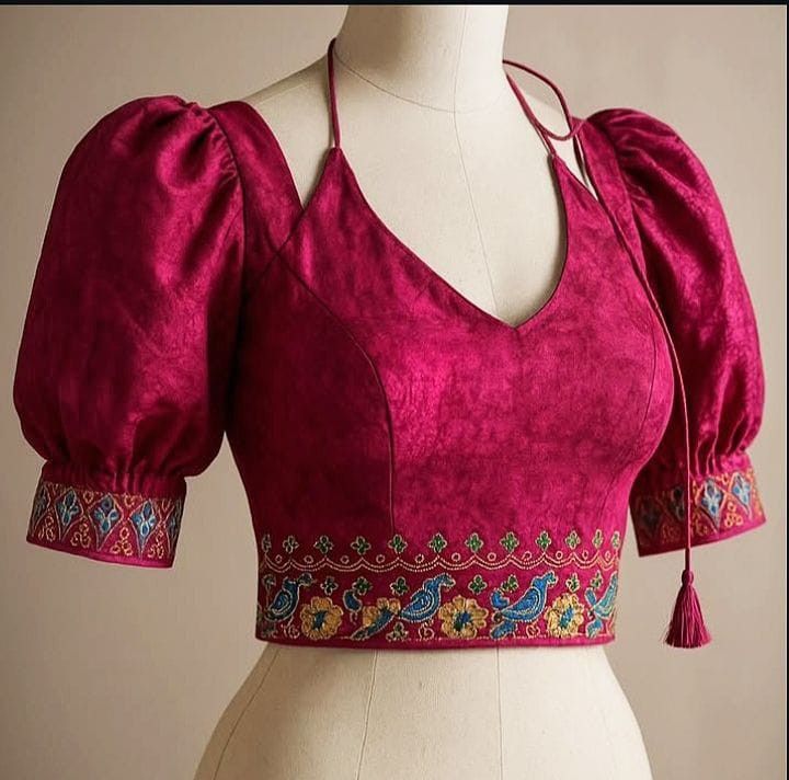 Party wear blouse design with puff sleeves and embroidered border