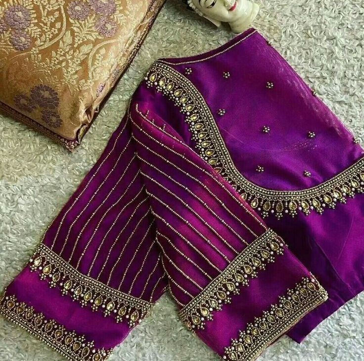 Deep purple silk blouse with heavy gold Aari bead and stone borders on neck and cuffs