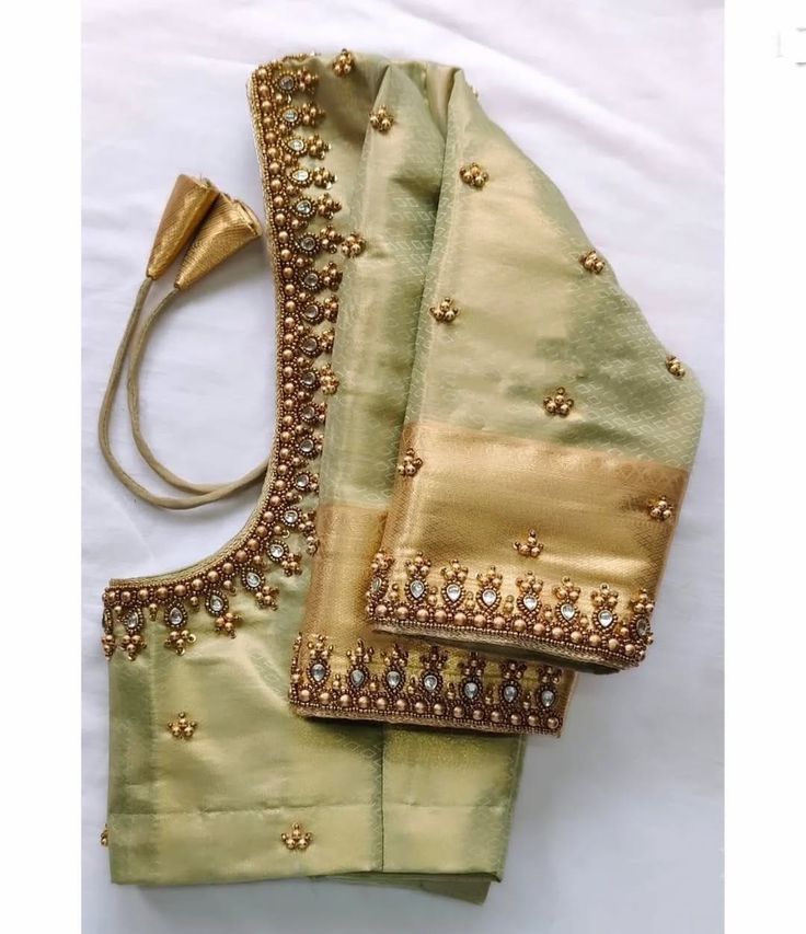 Sage green silk blouse with kundan-style stones, gold Aari beadwork on neckline and sleeves, gold latkans