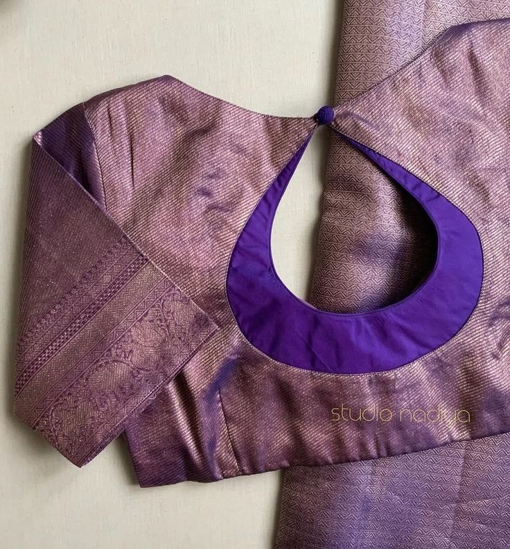 Shimmering lavender silk blouse with violet-bordered teardrop back and brocade sleeve trim