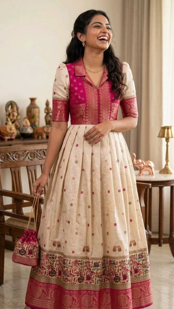 Cream and magenta half saree style gown with gold zari, pleated skirt and matching potli