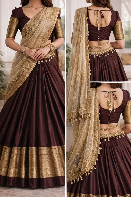 Maroon and antique gold half saree with embroidered beige voni, gold waist belt and ornate blouse back