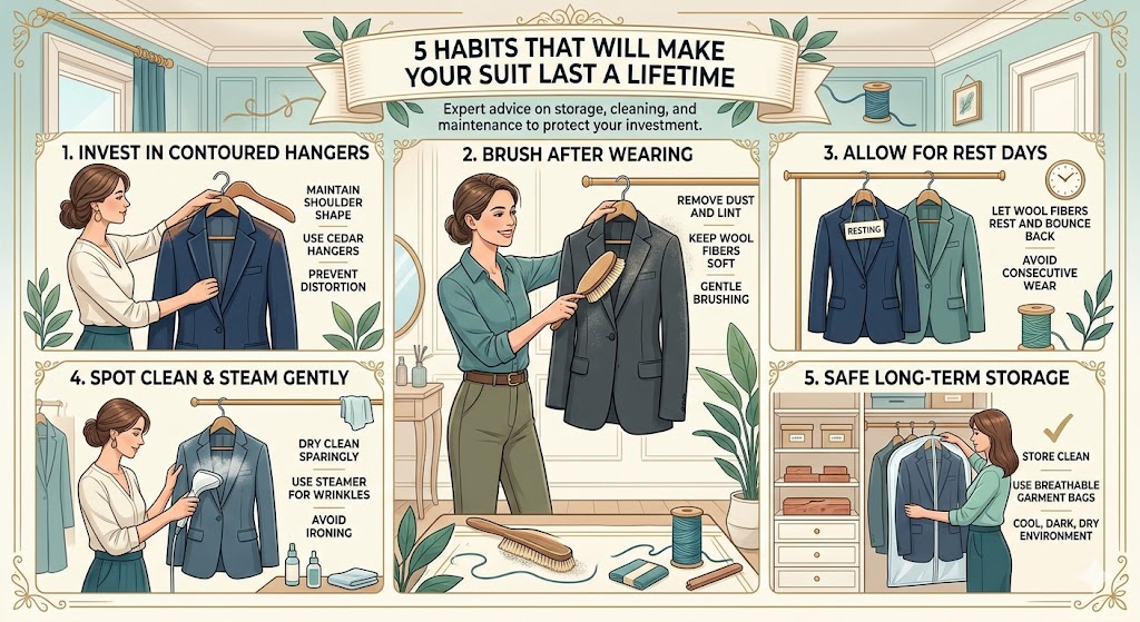Five habits to make your suit last: contoured and cedar hangers, brushing after wear, rest days between wears, gentle spot cleaning and steaming, and safe long-term storage in breathable bags.