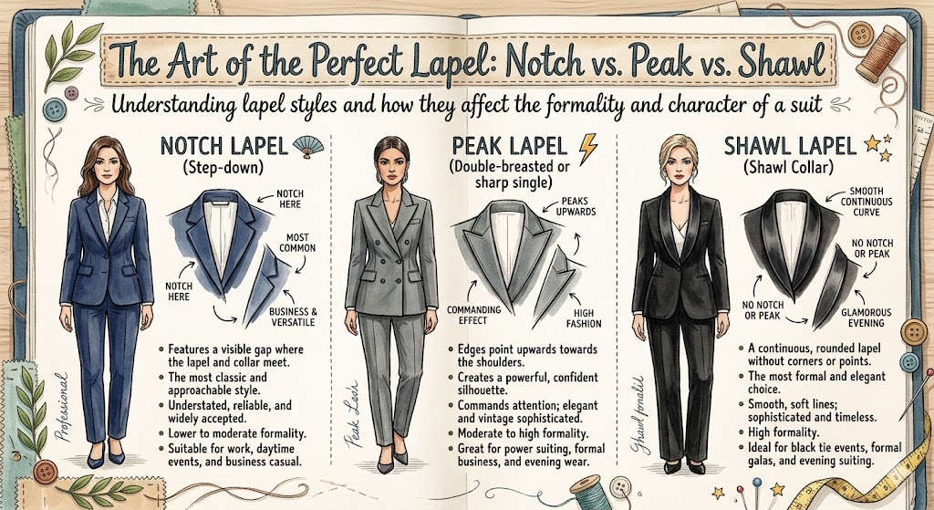 Women’s bespoke suit fabric guide: wool weights from lightweight summer to heavyweight winter, common suiting weaves (plain, twill, herringbone, sharkskin), and a seasons-and-occasions selector with illustrated looks.