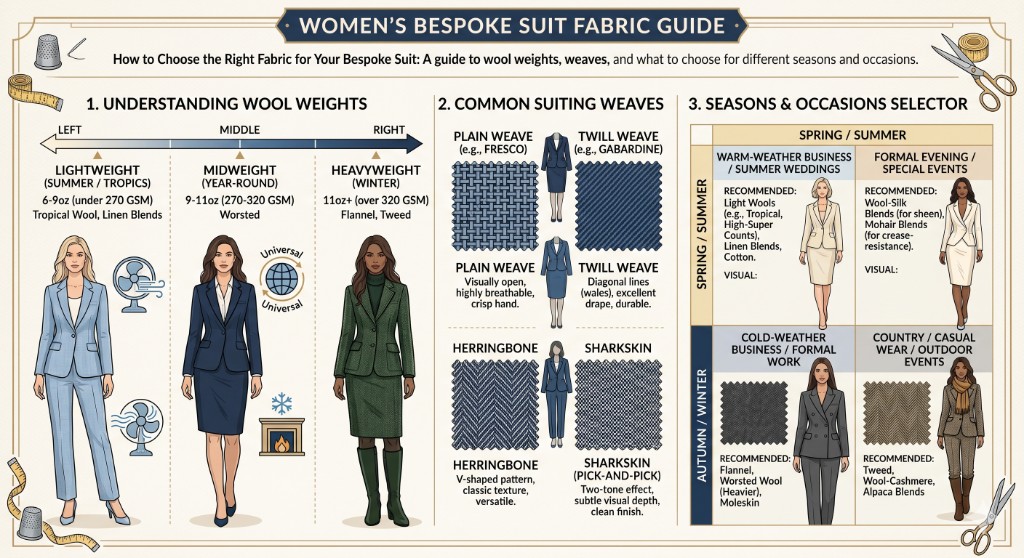 Shree Sai Tailor style guide infographic: The Art of the Perfect Lapel — Notch, Peak, and Shawl compared with diagrams, formality notes, and tips for women’s suiting on a notebook-style layout with sewing props.